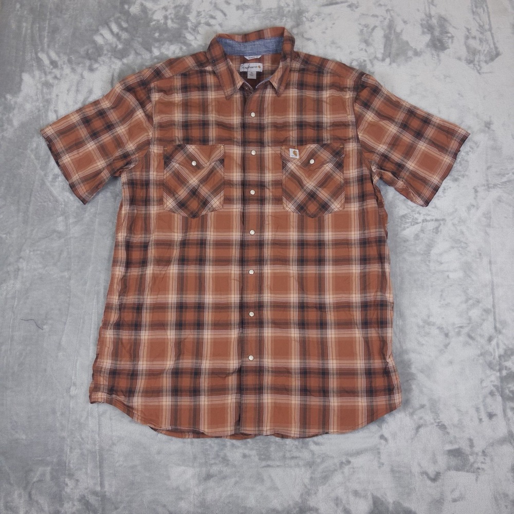 Carhartt Shirt Mens XL Tall Red Orange Relaxed Western Pearl Snap Country Work